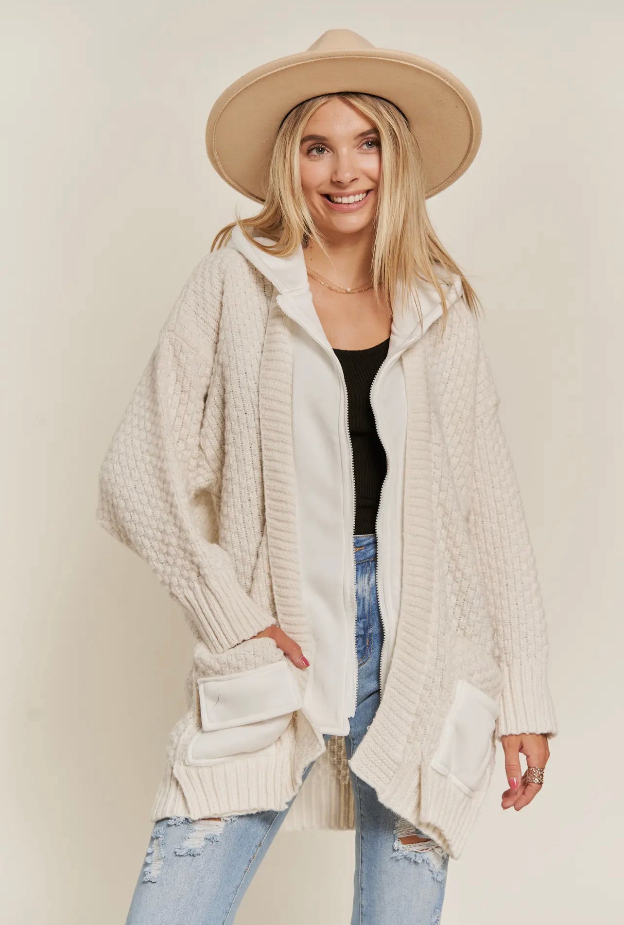Cream Zip Up Hoodie Jacket