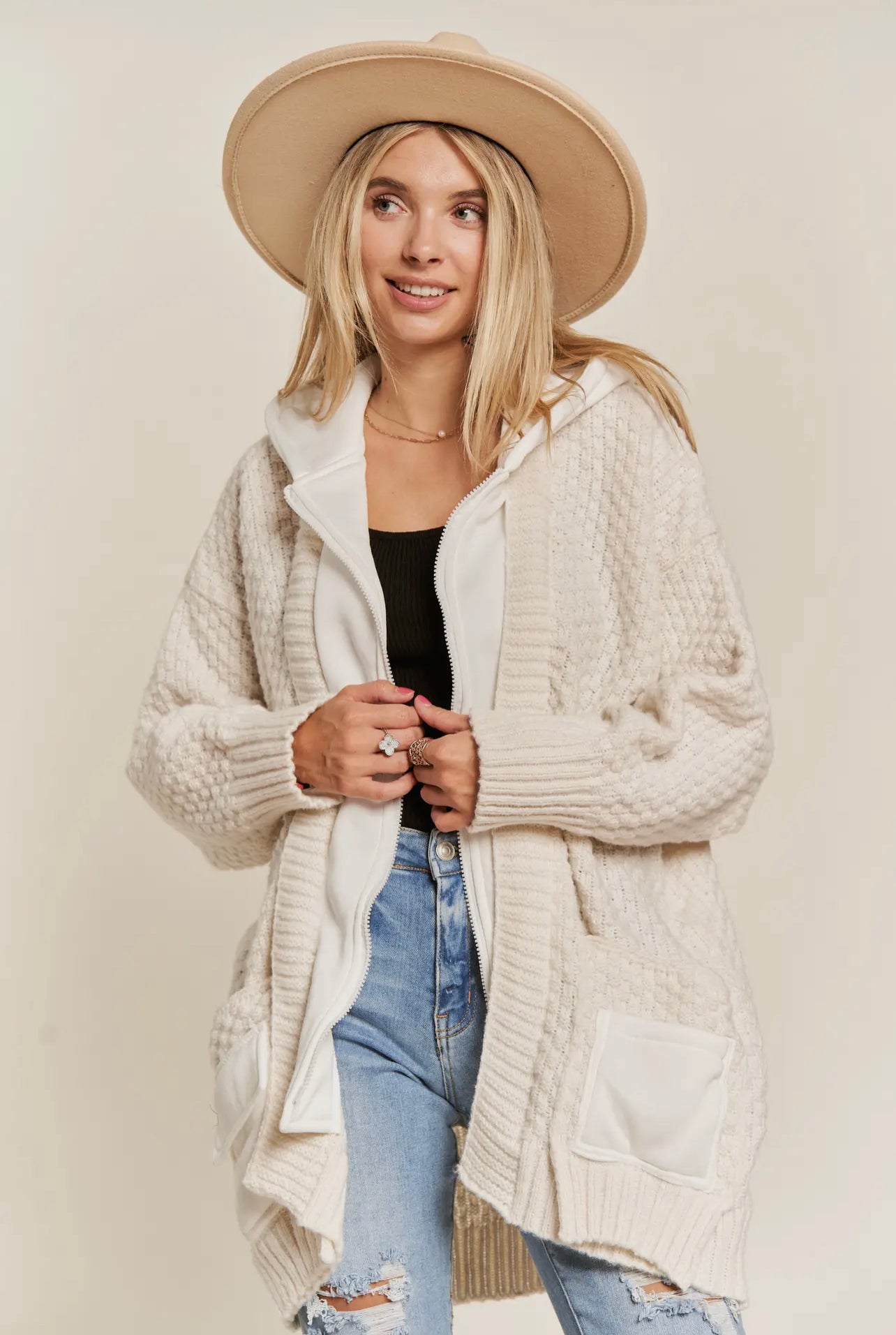 Cream Zip Up Hoodie Jacket