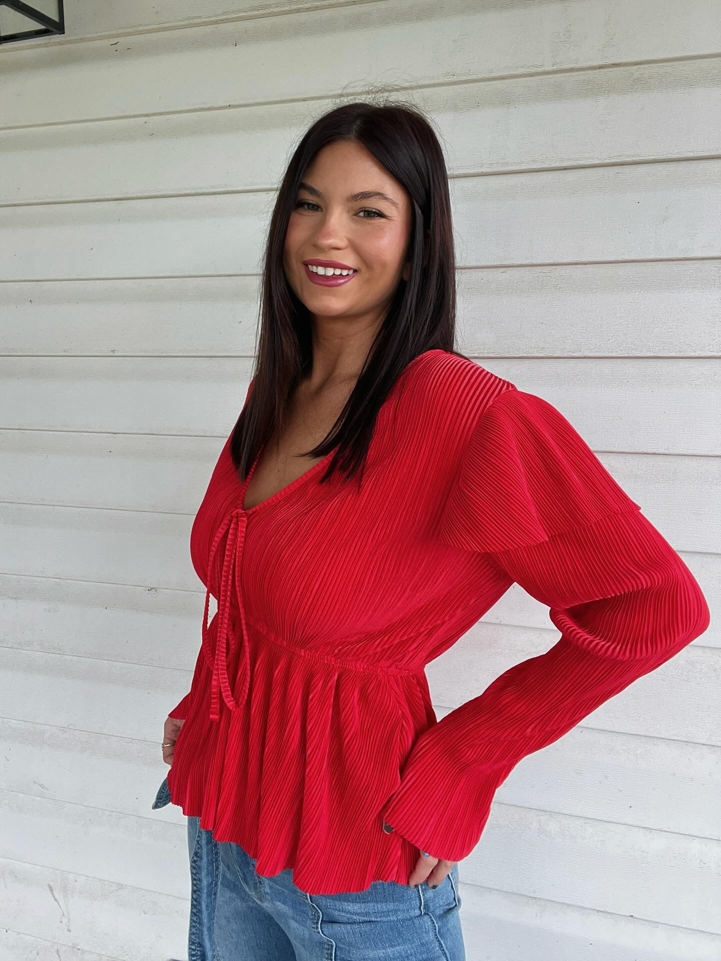 Red Ruffle Press Pleated Top