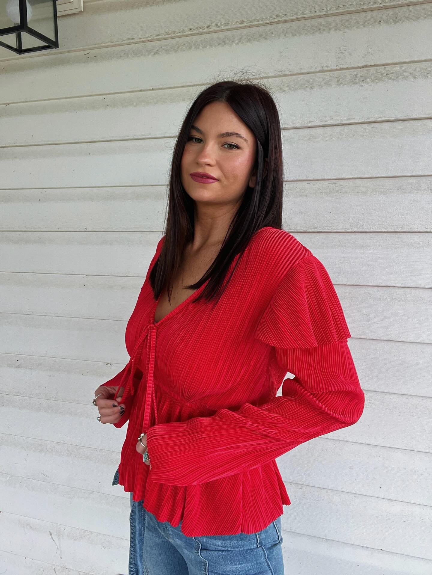 Red Ruffle Press Pleated Top