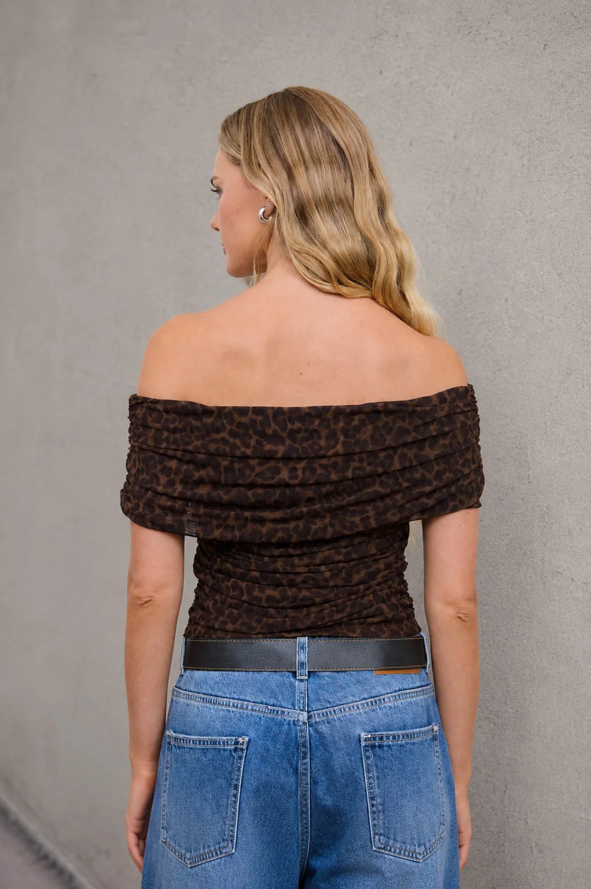 Off Shoulder Ruched Animal Print Top