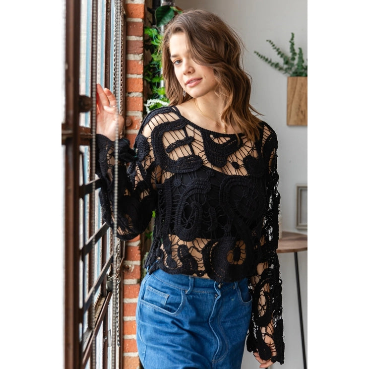 Crochet Lace Knit Top in Black