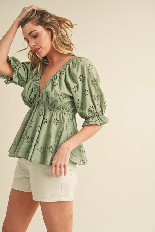 Hazel Eyelet Embroidered Top Sage