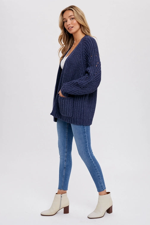 Navy Pointelle Open Front Cardigan