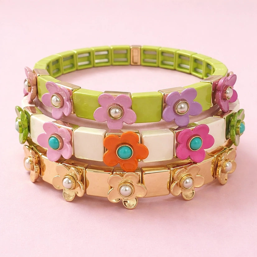Poppy Pink & Green Flowers + Pearl Bracelet