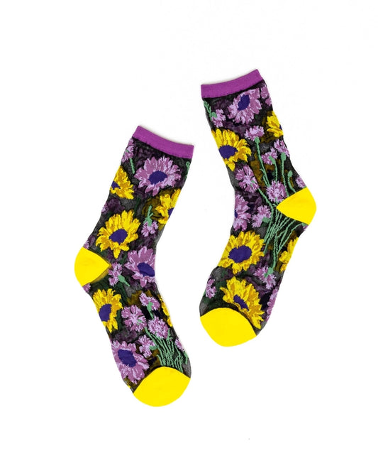 Mixed Sunflowers Black Sheer Sock