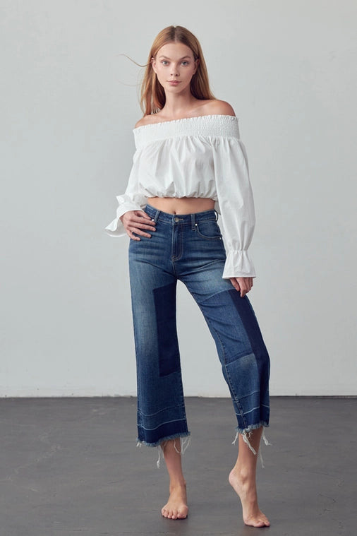 Mid Rise Raw Patched Cropped Jean