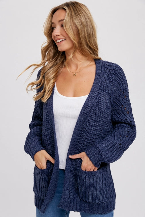 Navy Pointelle Open Front Cardigan