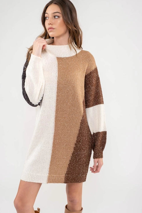 Ivory Colorblock Knit Sweater Dress