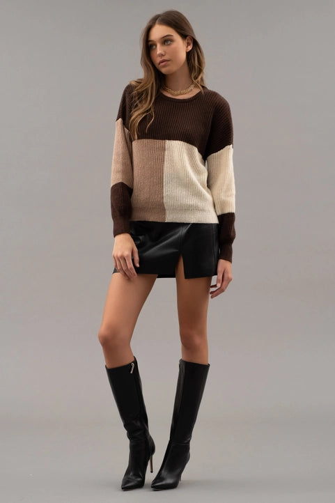 Chocolate Multi Colorblock Back Tie Knit Sweater