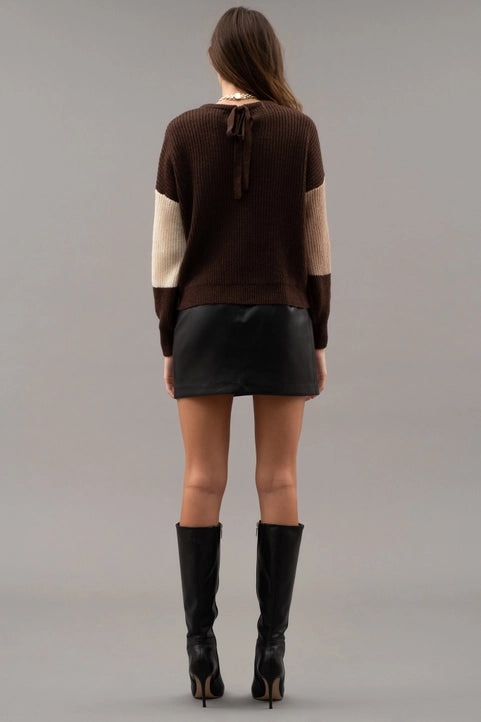 Chocolate Multi Colorblock Back Tie Knit Sweater