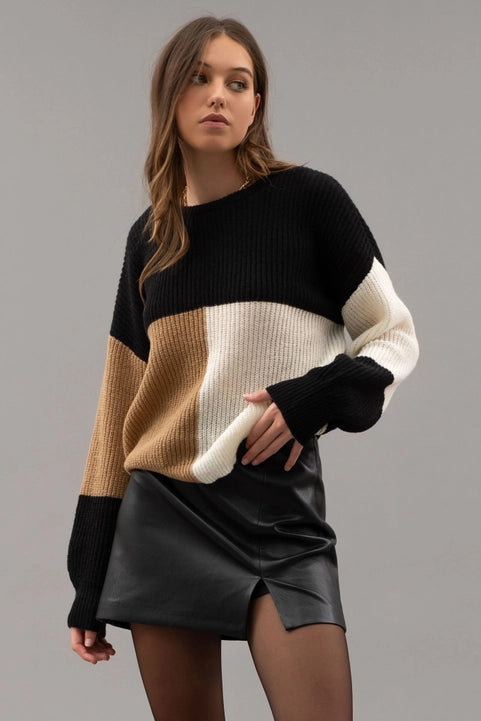 Black Multi Colorblock Back Tie Knit Sweater