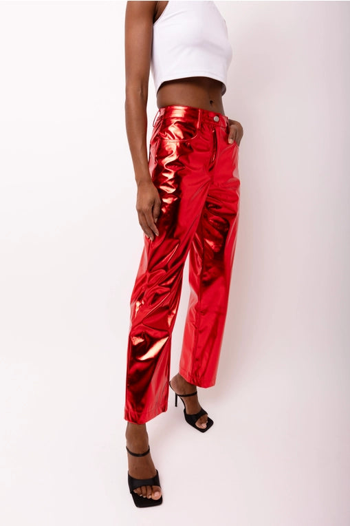 Red Faux Leather Metallic Pants