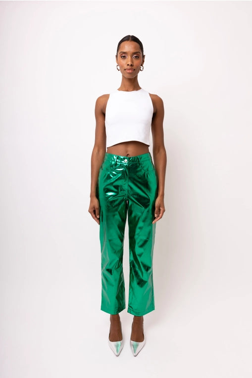 Forest Green Faux Leather Metallic Pants