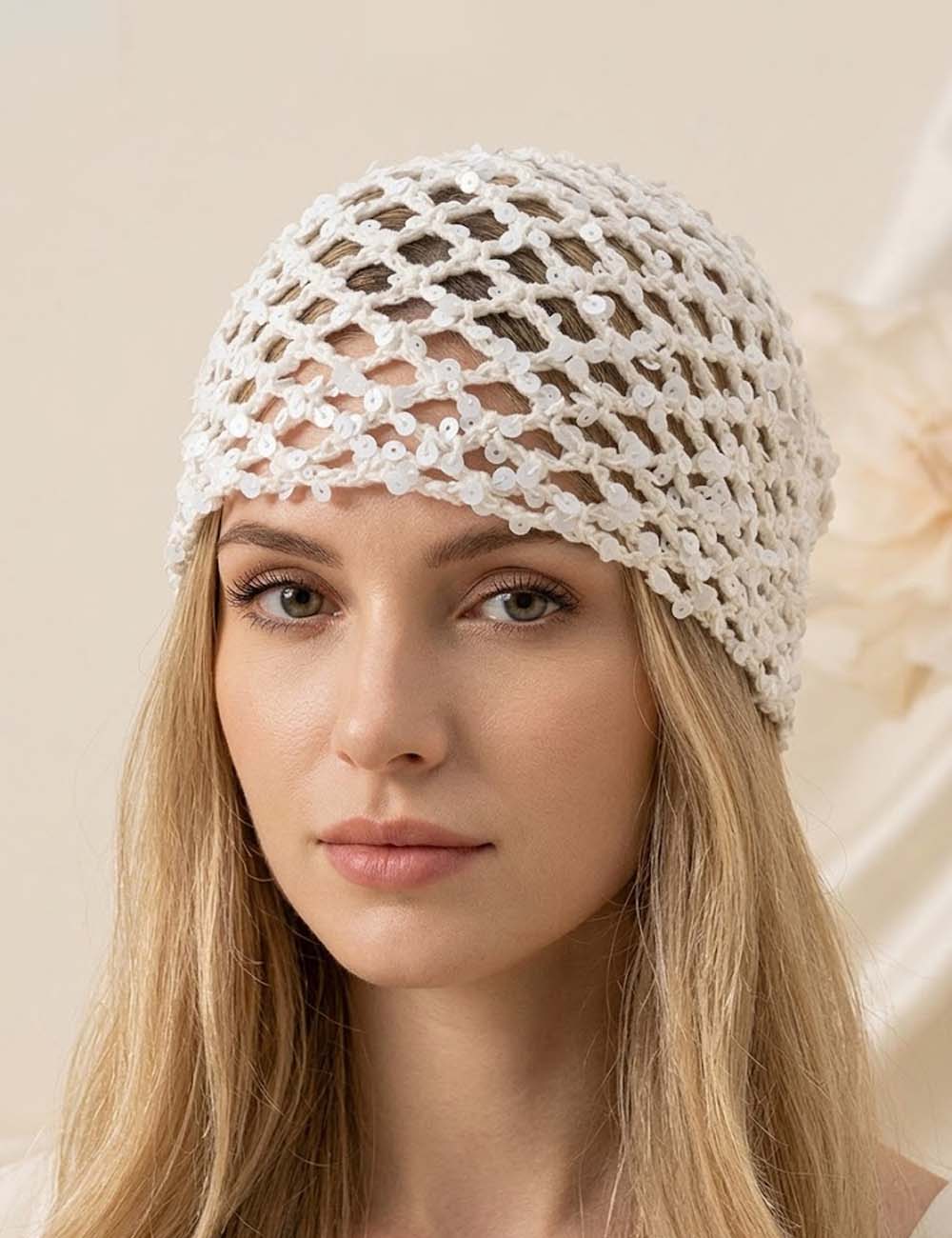 White Sequin Hollow Crochet Hat