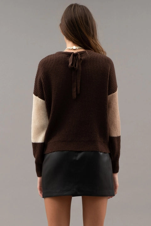 Chocolate Multi Colorblock Back Tie Knit Sweater