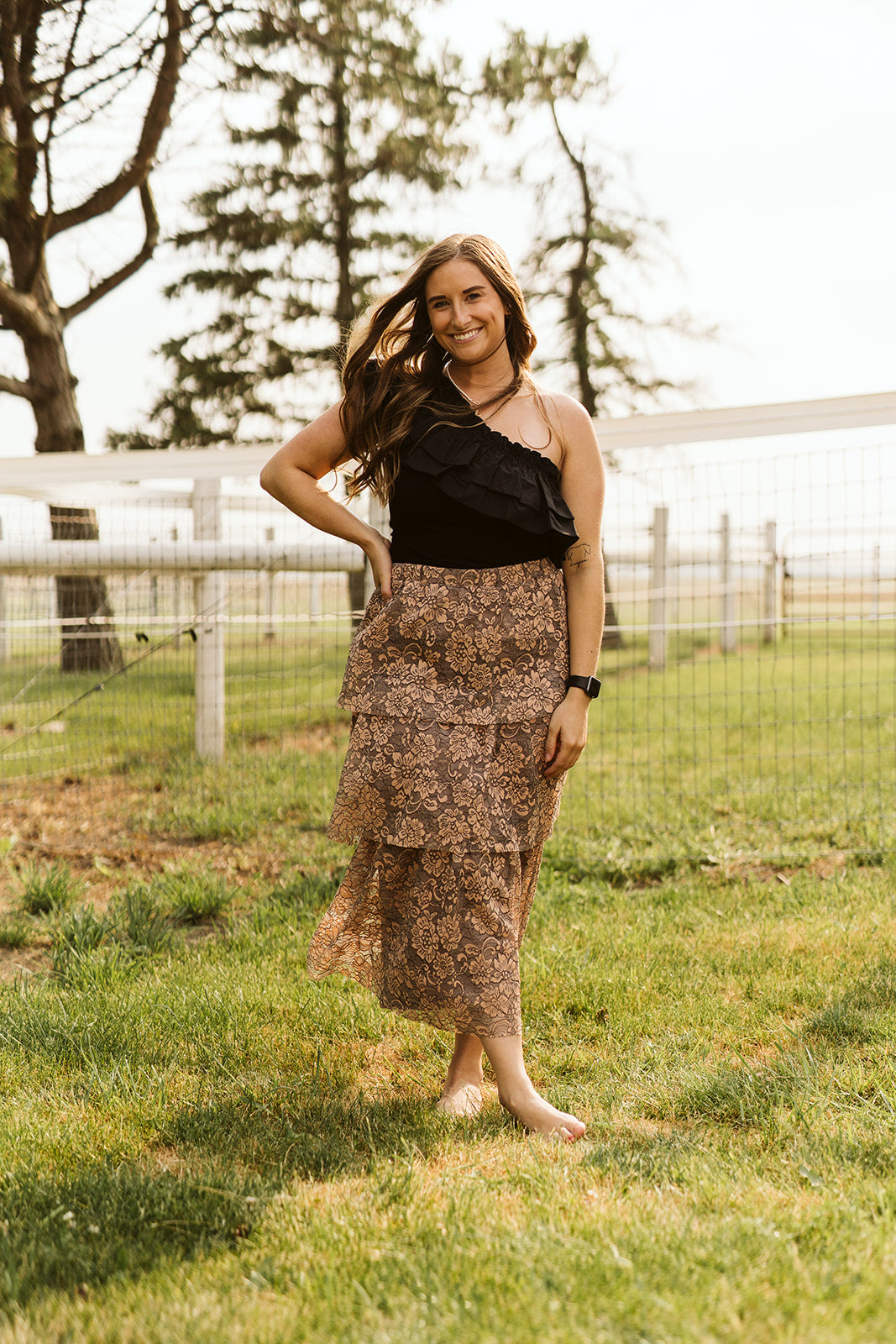 Peach Lace Tiered Midi Skirt