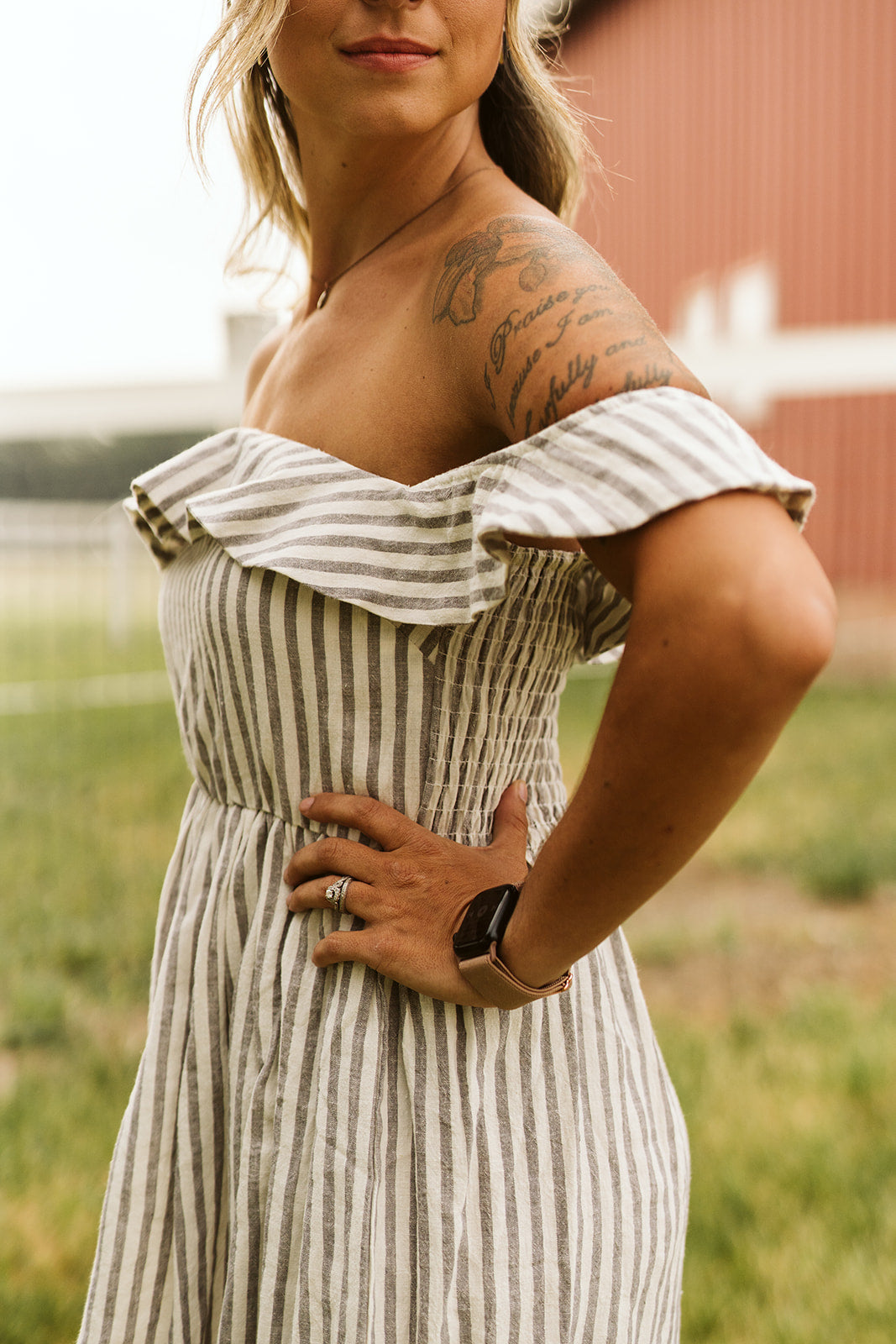 off the shoulder striped linen dress