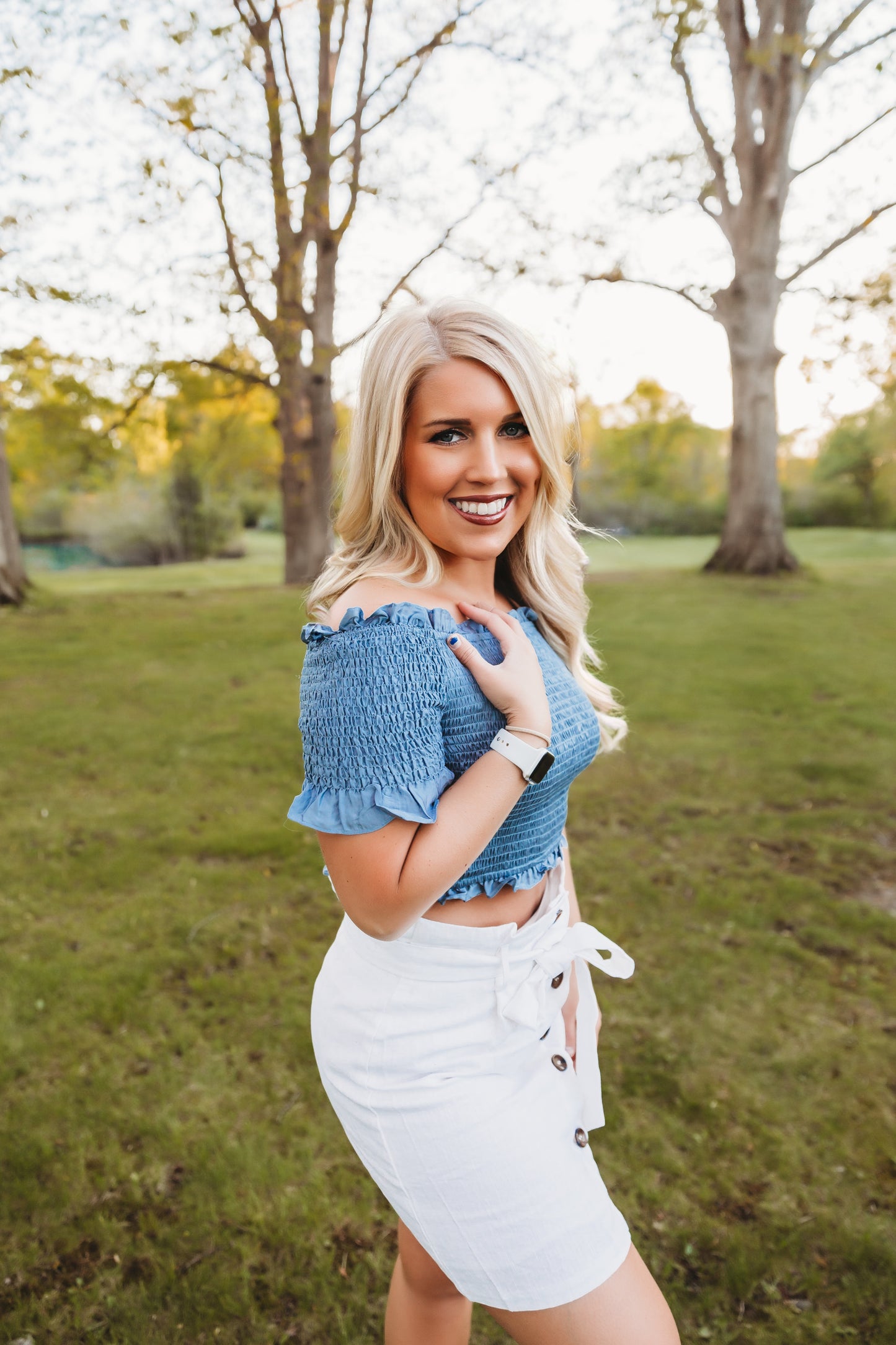 Dusty Blue Smocked Crop Top