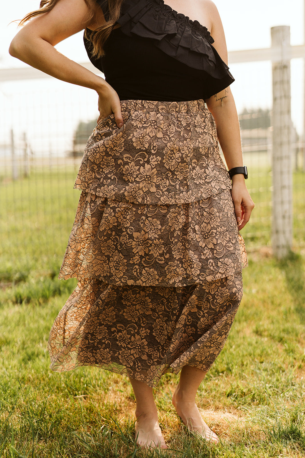 Peach Lace Tiered Midi Skirt