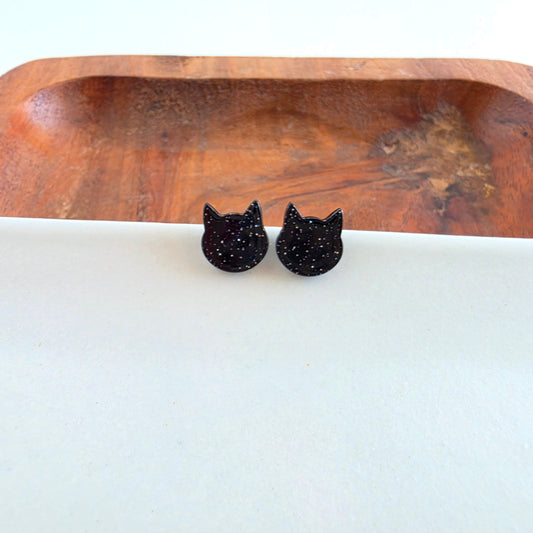 Dainty Cat Studs - Black Glitter