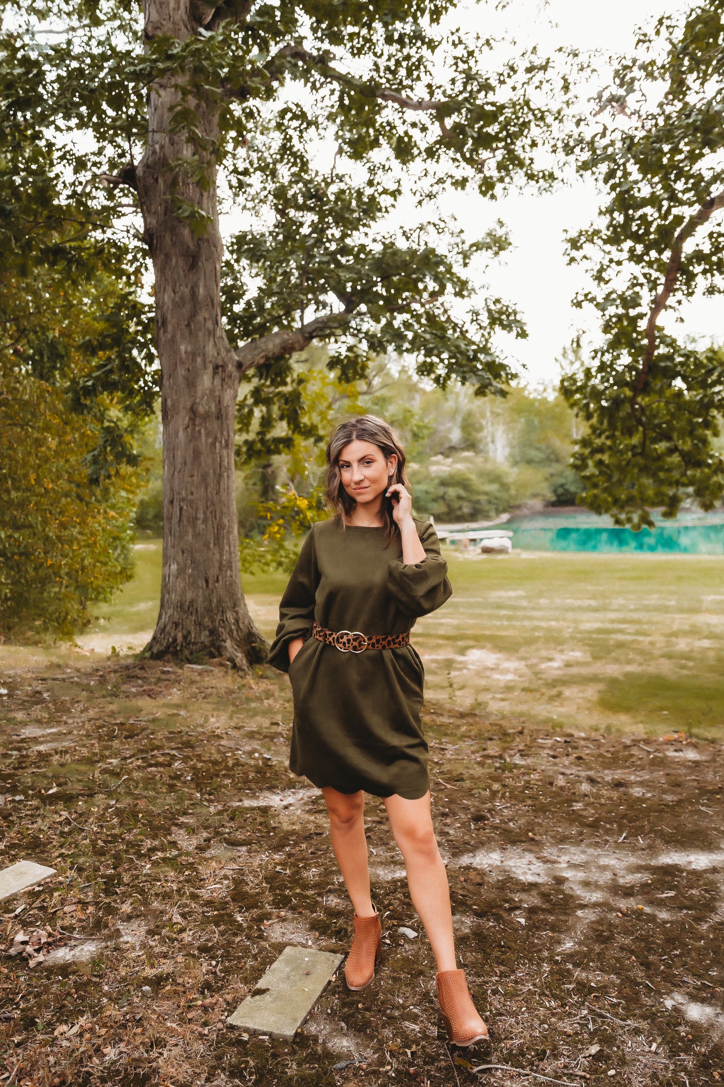Suede Olive Scallop Hem Dress