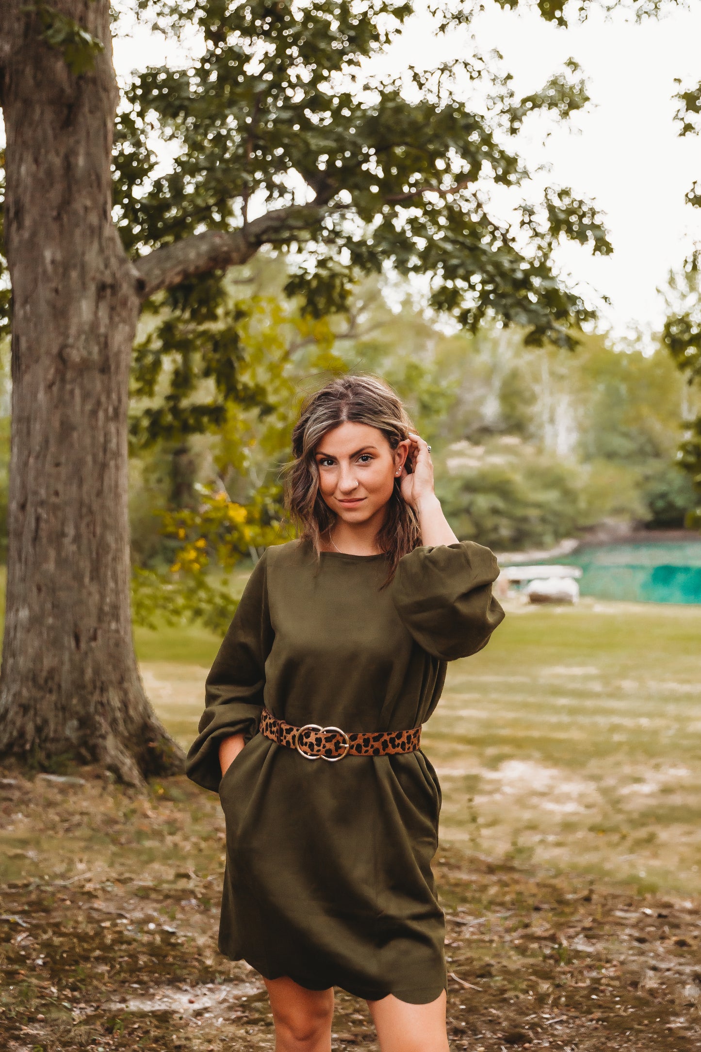 Suede Olive Scallop Hem Dress