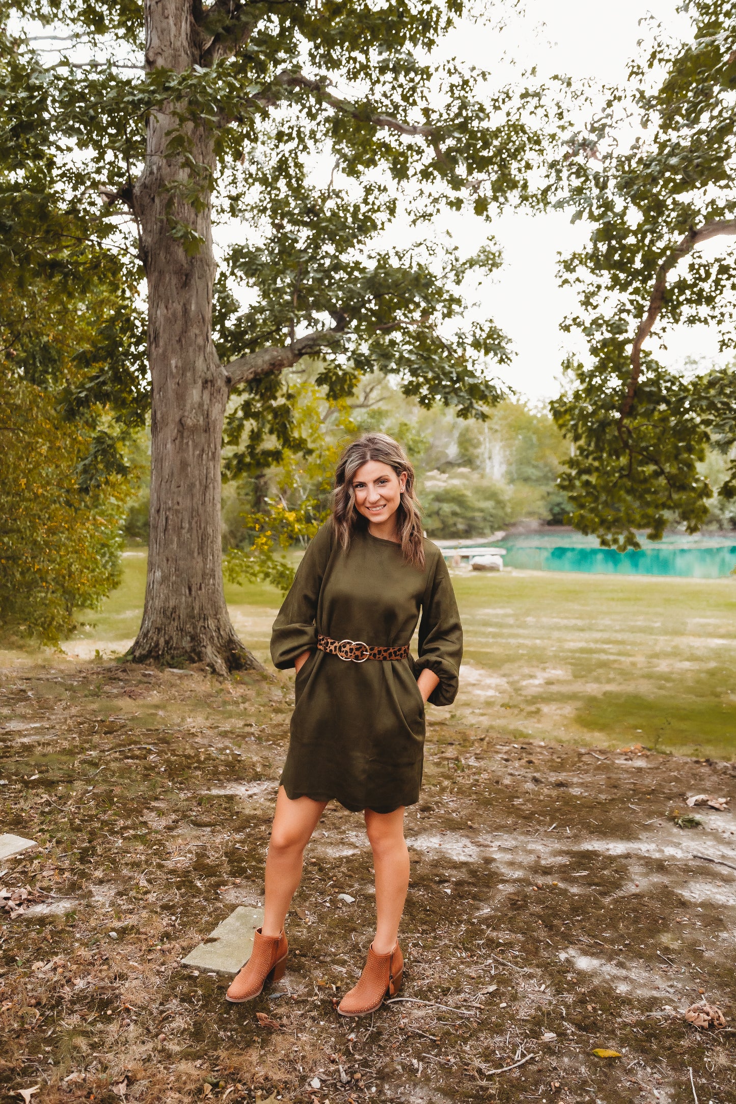 Suede Olive Scallop Hem Dress