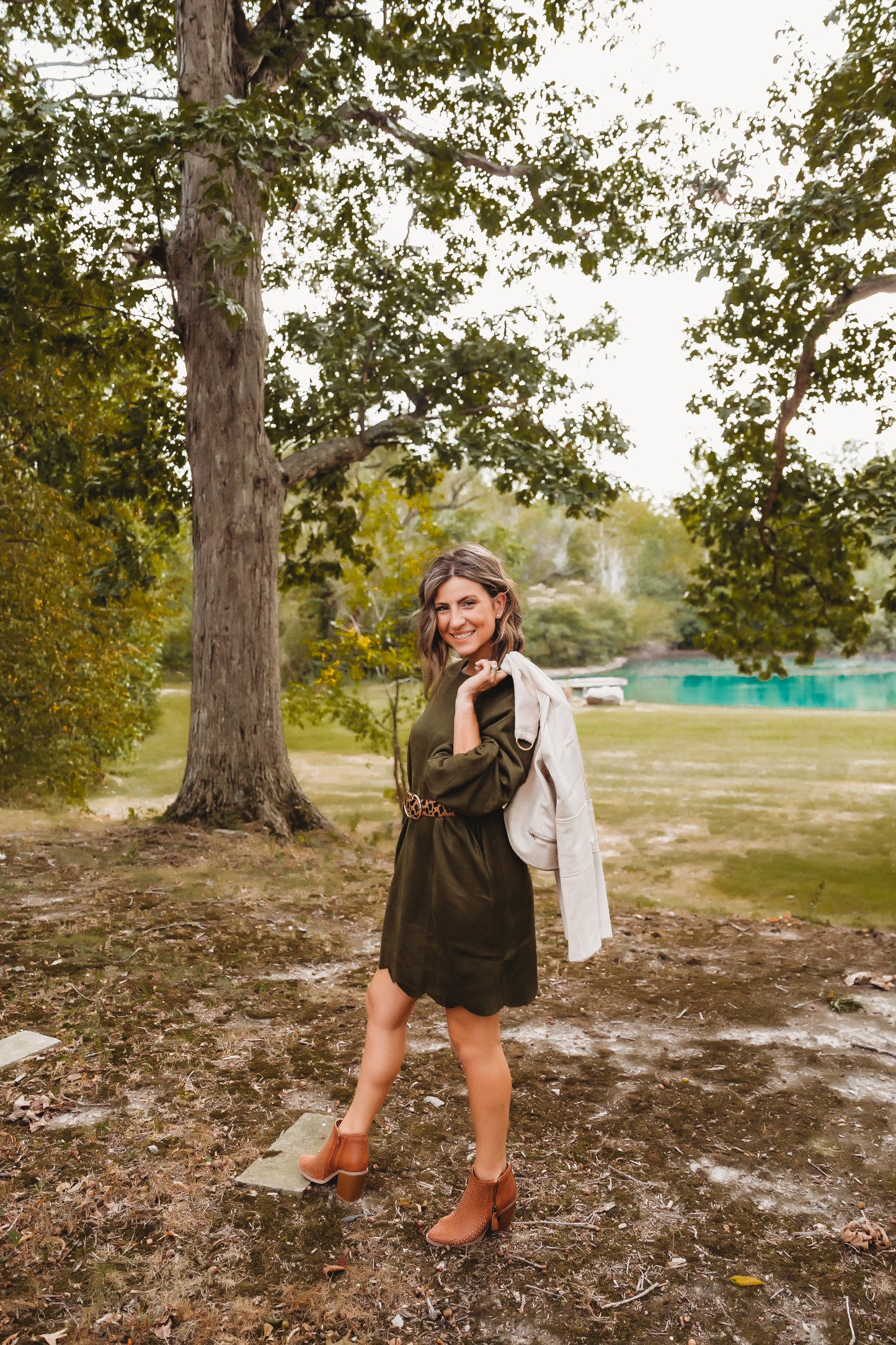 Suede Olive Scallop Hem Dress