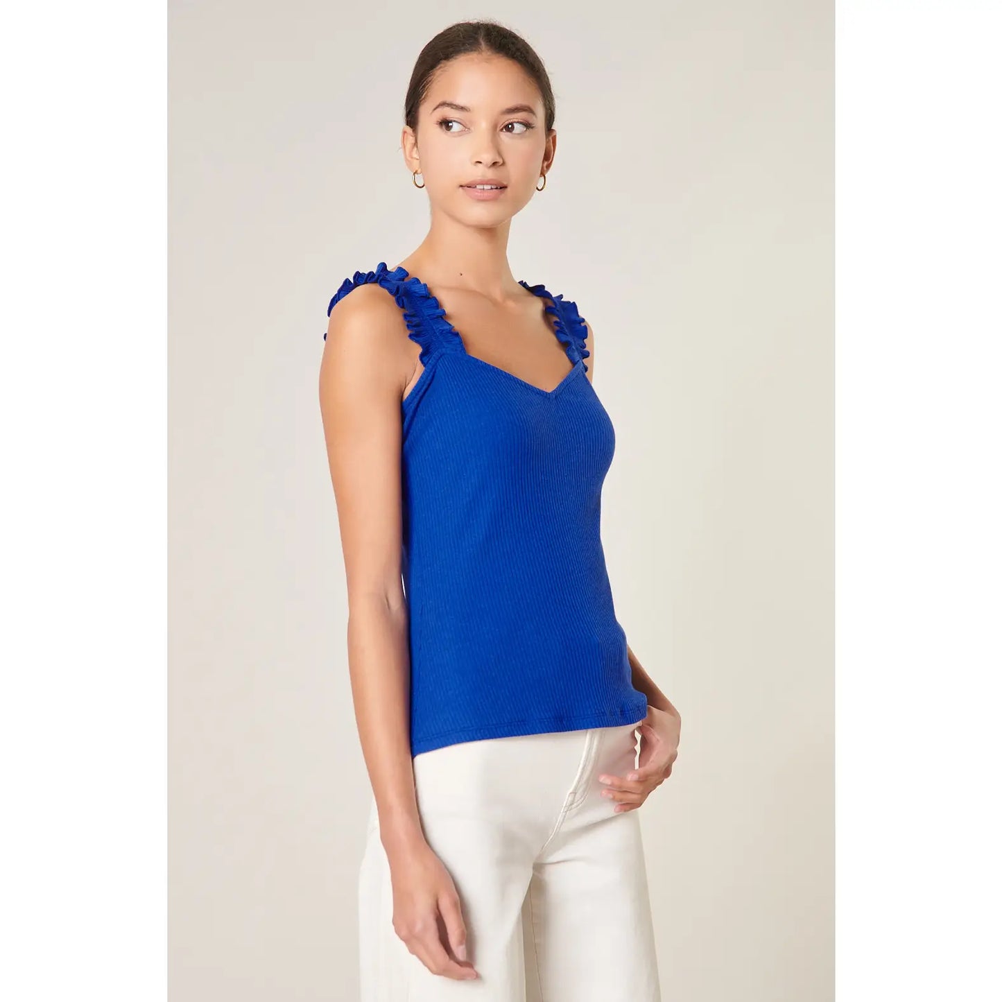 Blue Ruffle Strap Tank