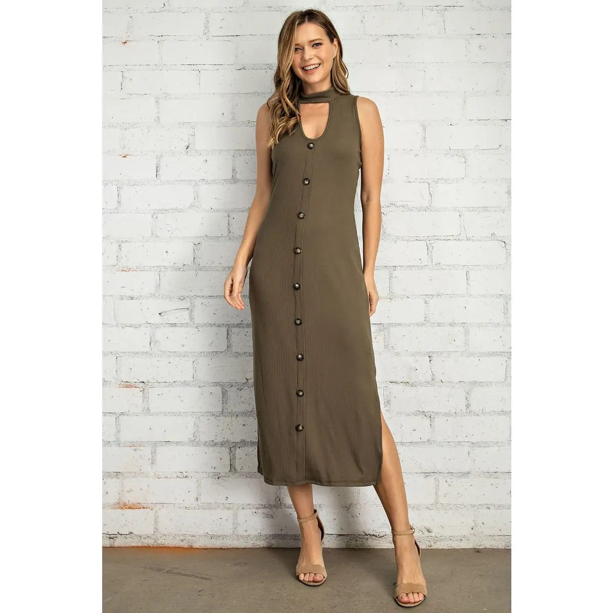 Olive Ribbed Midi Dress