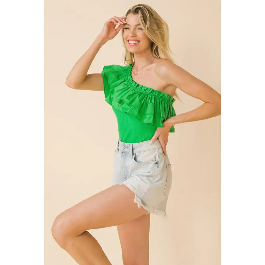 Green Ruffled Flounce One Shoulder Bodysuit