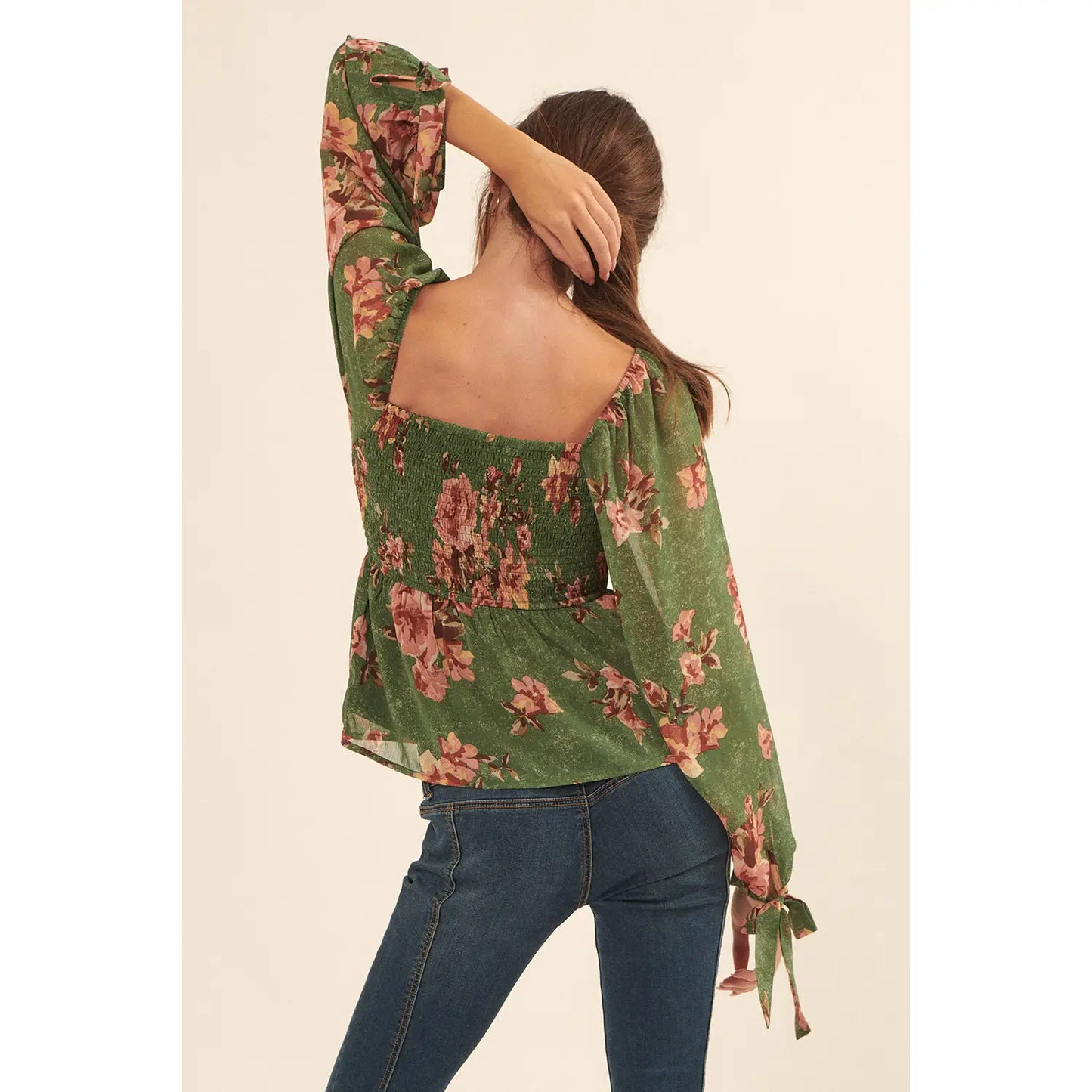 Pleated Floral Chiffon Peplum Top