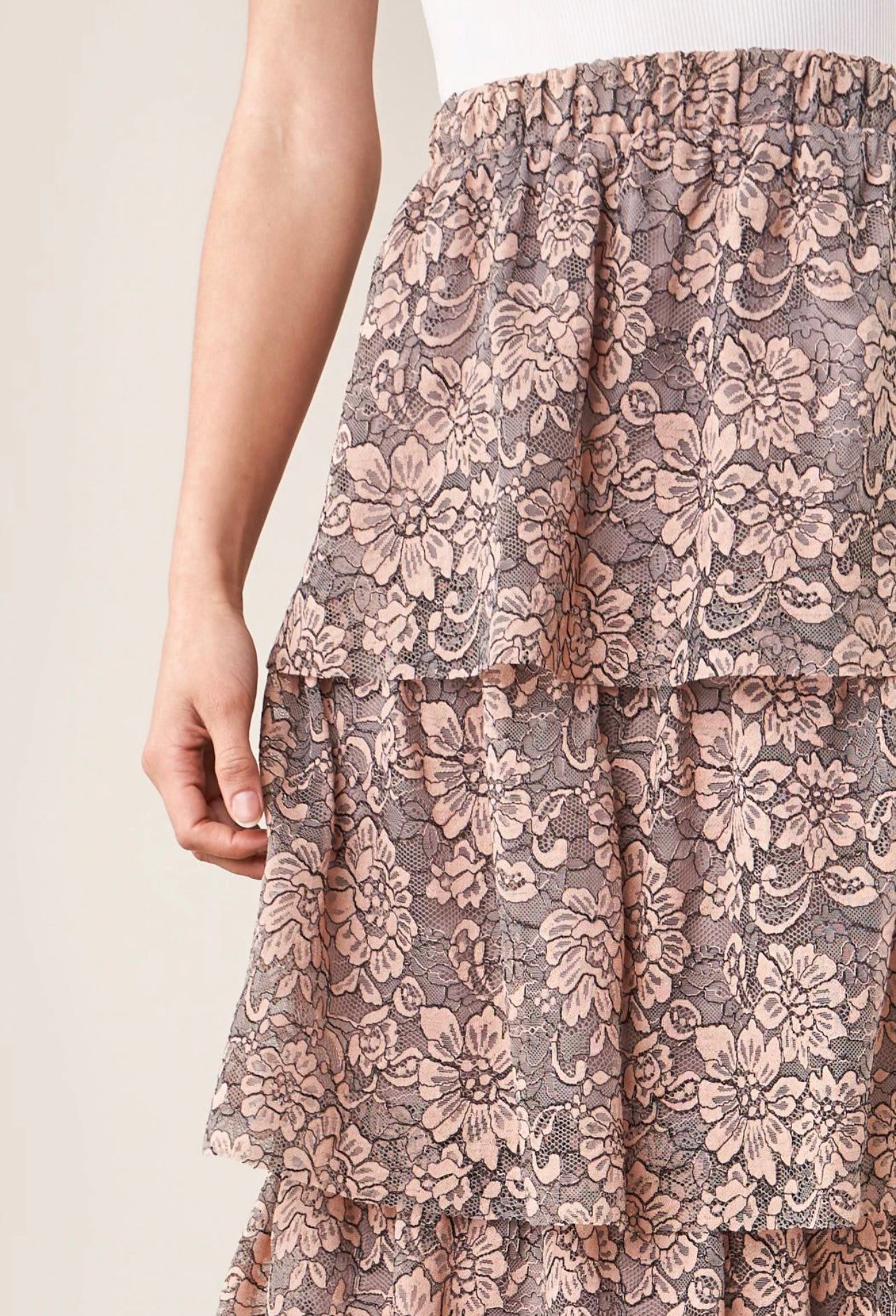 Peach Lace Tiered Midi Skirt