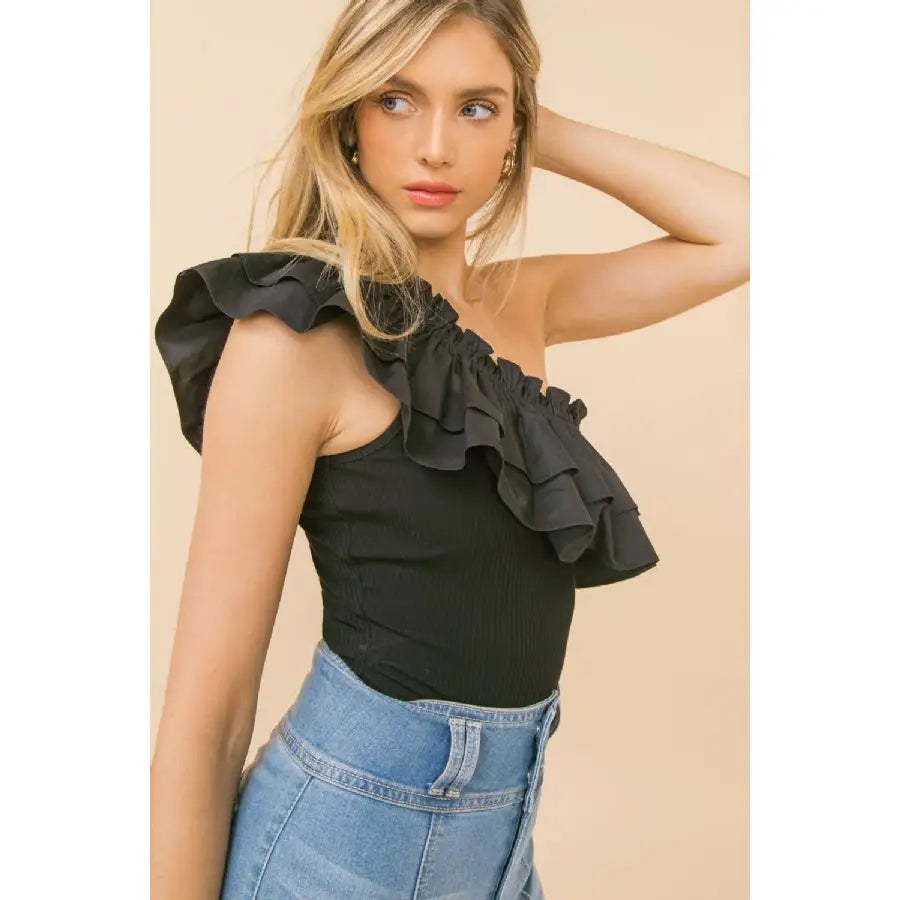 Black Ruffled Flounce One Shoulder Body Suit