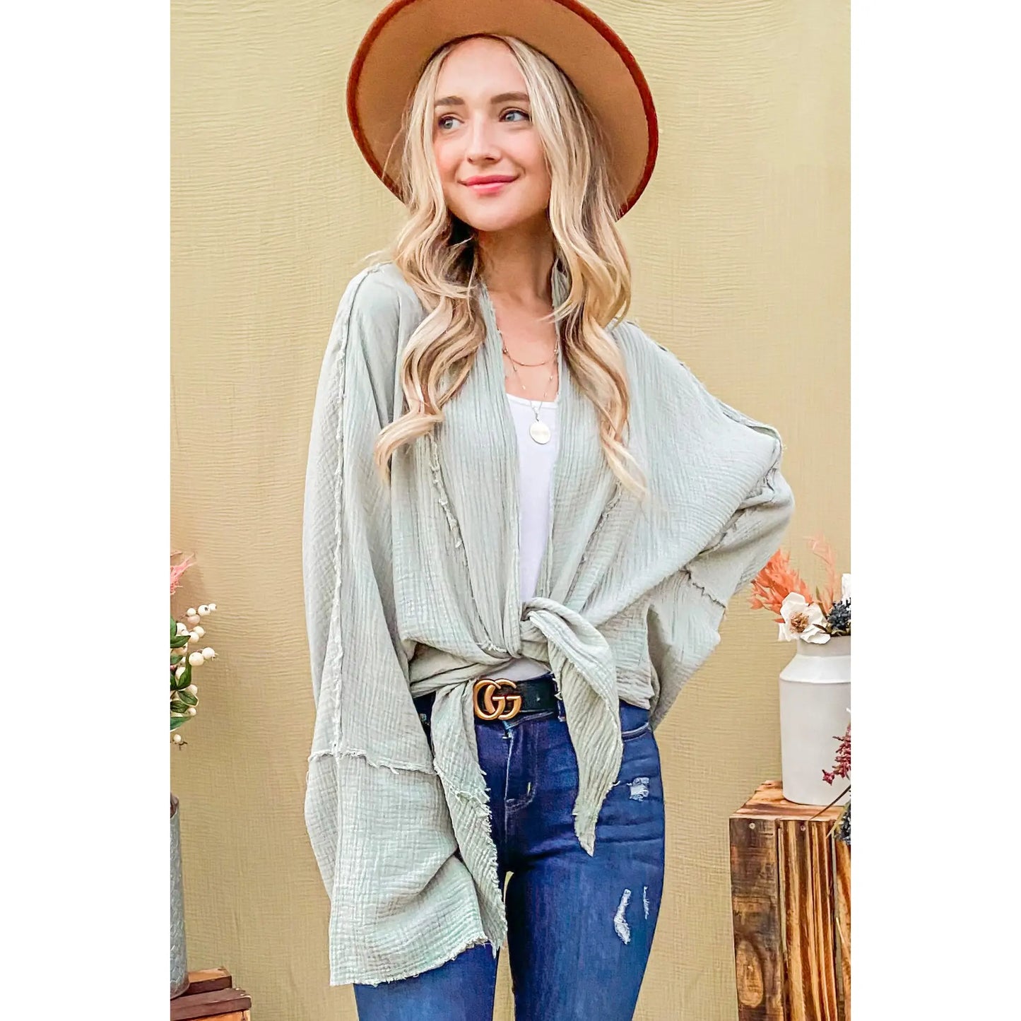 Mint Front Tie Wide Sleeve Top