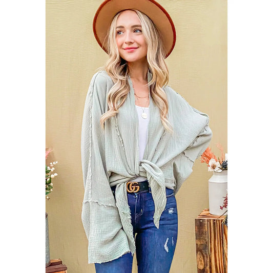 Mint Front Tie Wide Sleeve Top