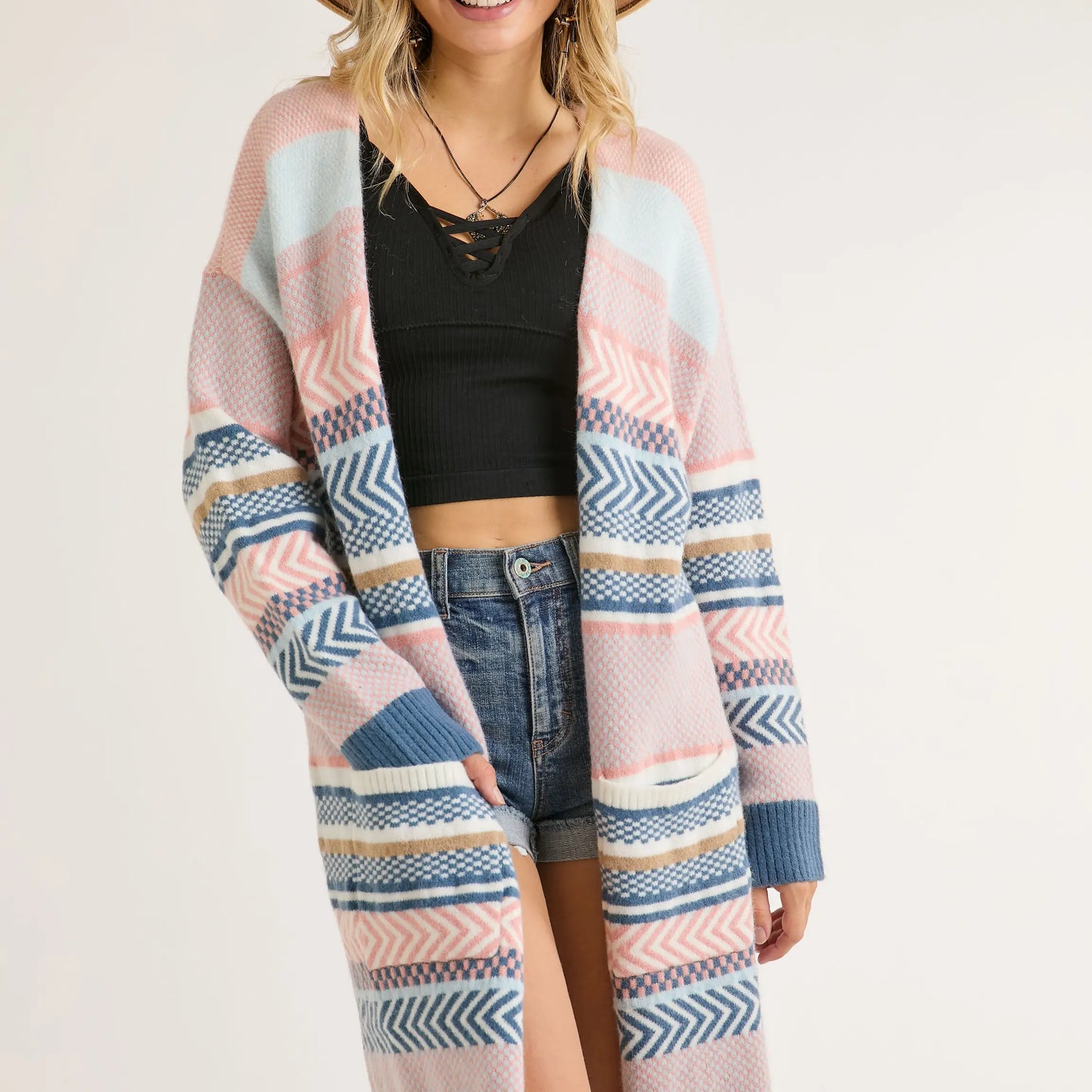 Striped Knee Length Cardigan