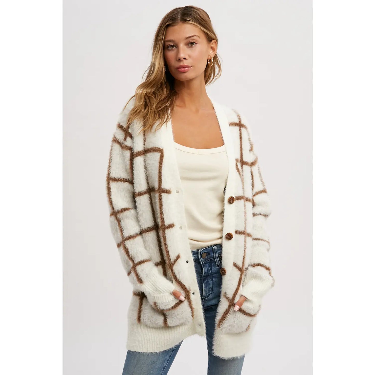 Grid Pattern Fuzzy Cardigan