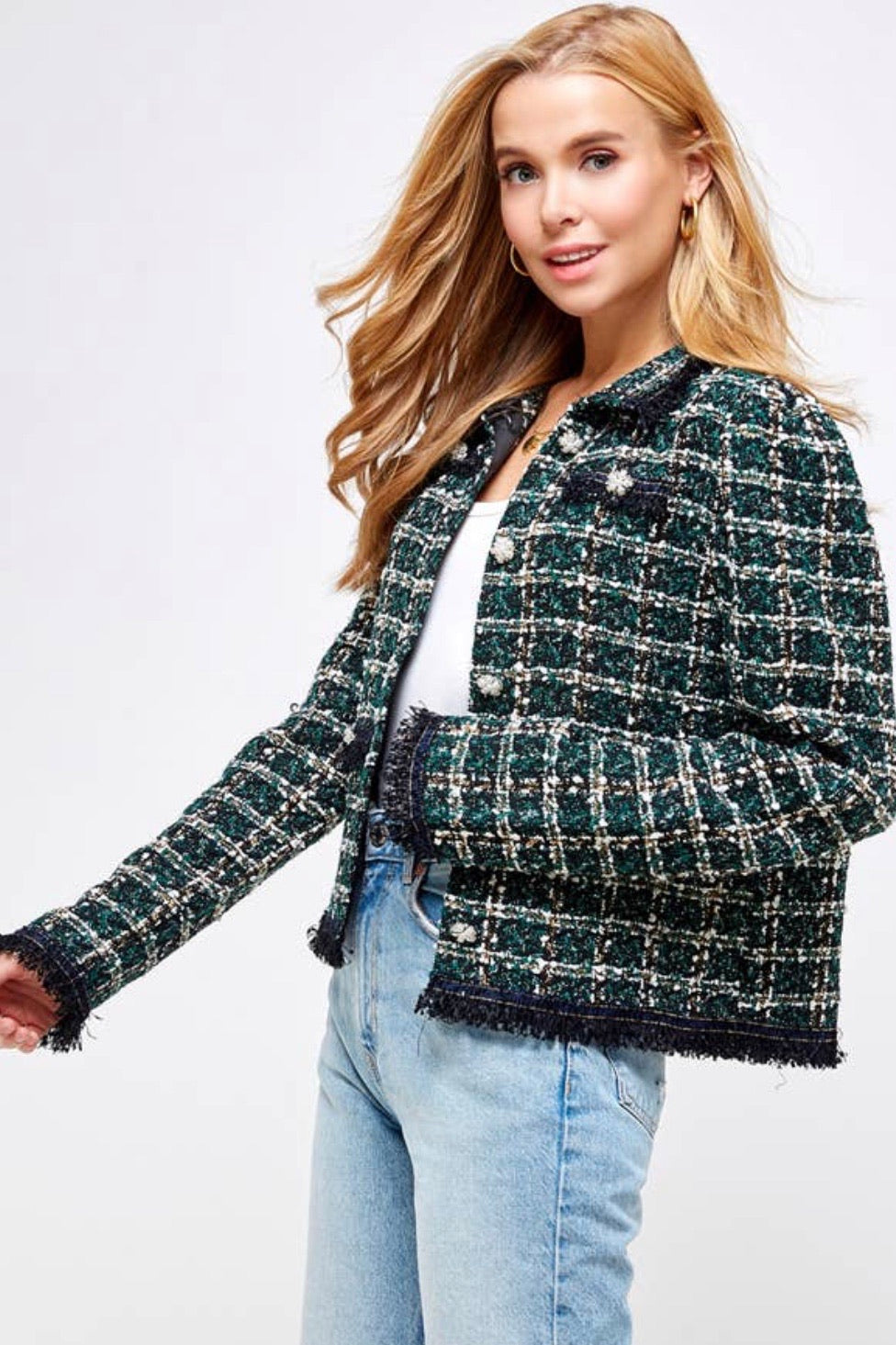 Sequence embellished fringe tweed jacket