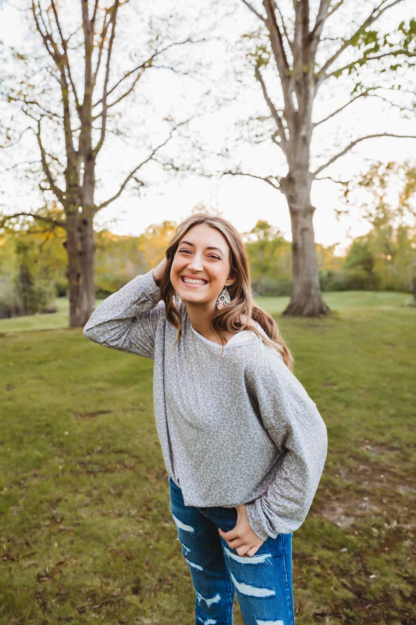 Boat Neck Gray Leopard Long Sleeve
