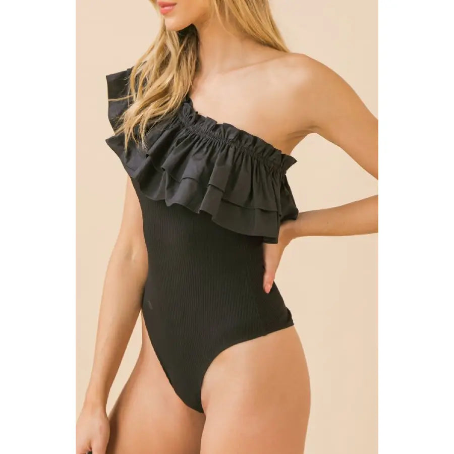 Black Ruffled Flounce One Shoulder Body Suit