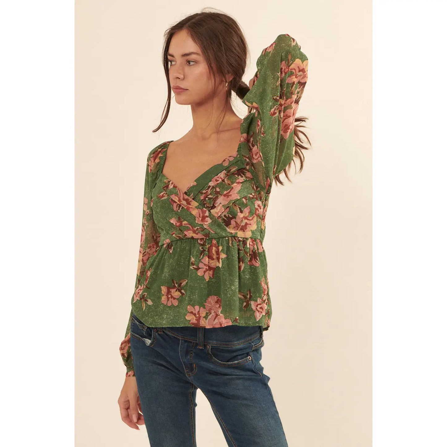 Pleated Floral Chiffon Peplum Top