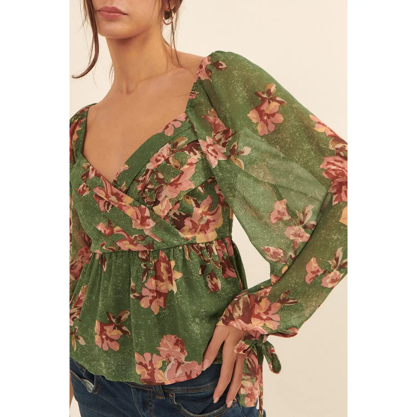 Pleated Floral Chiffon Peplum Top