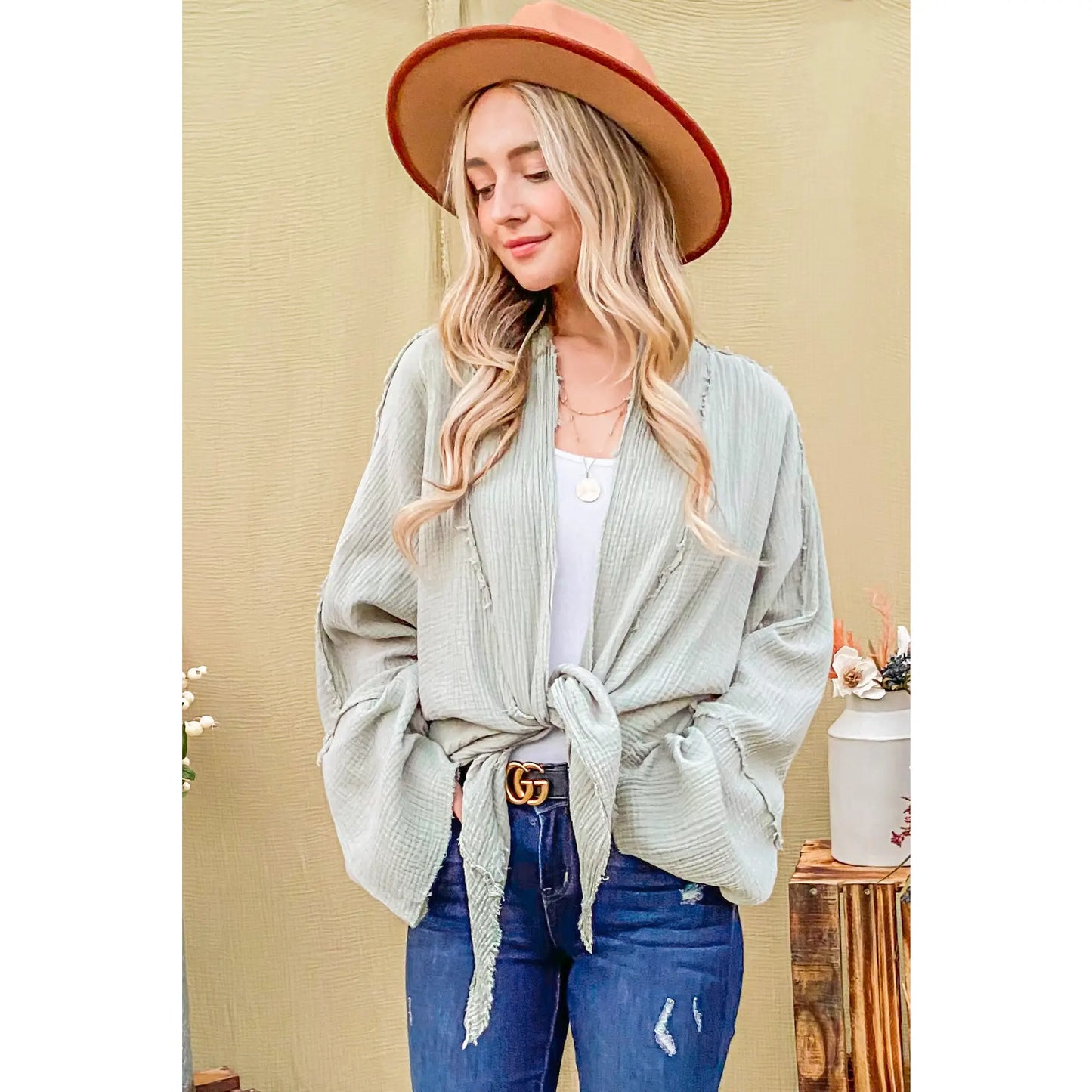 Mint Front Tie Wide Sleeve Top