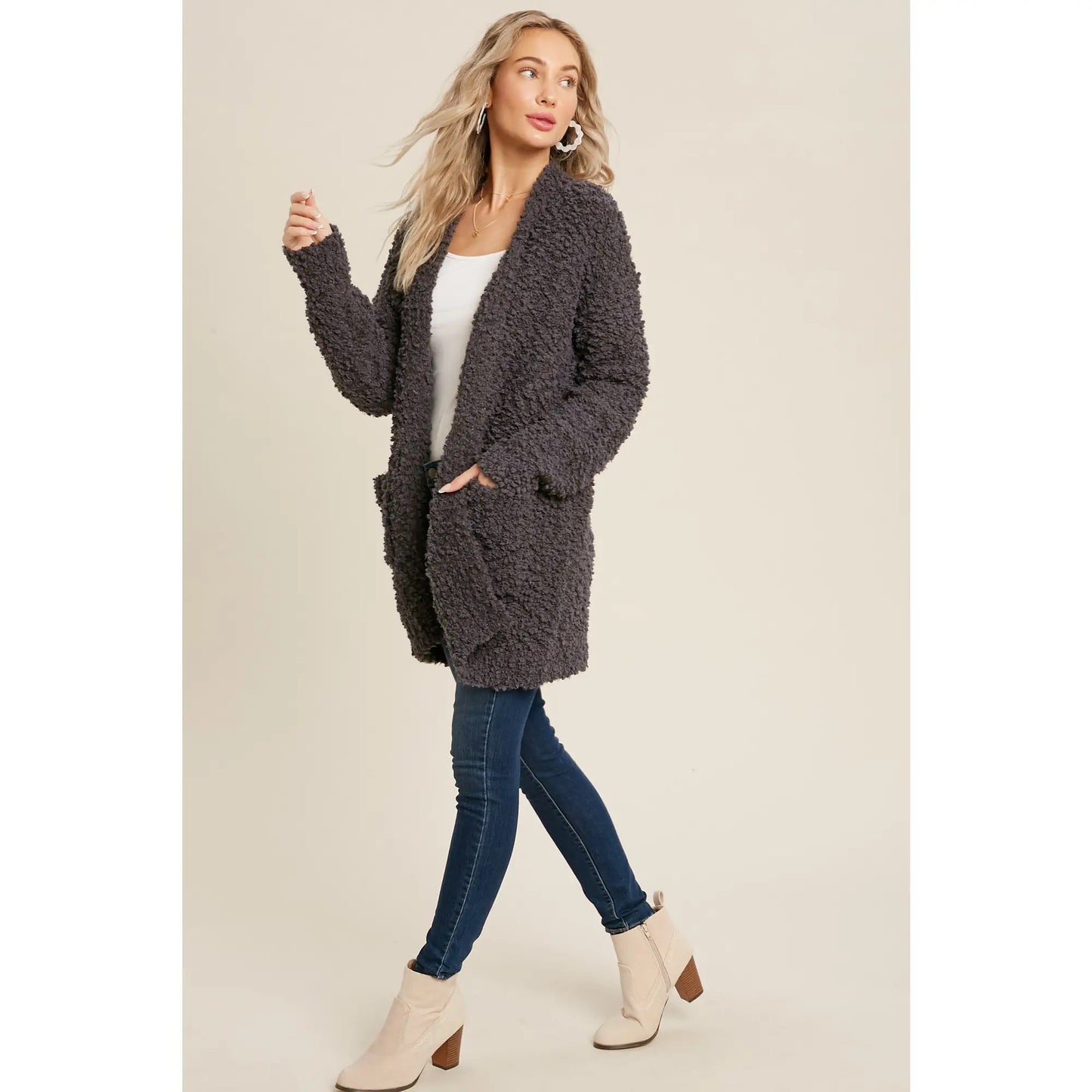 Fluffy Boucle Charcoal Cardigan