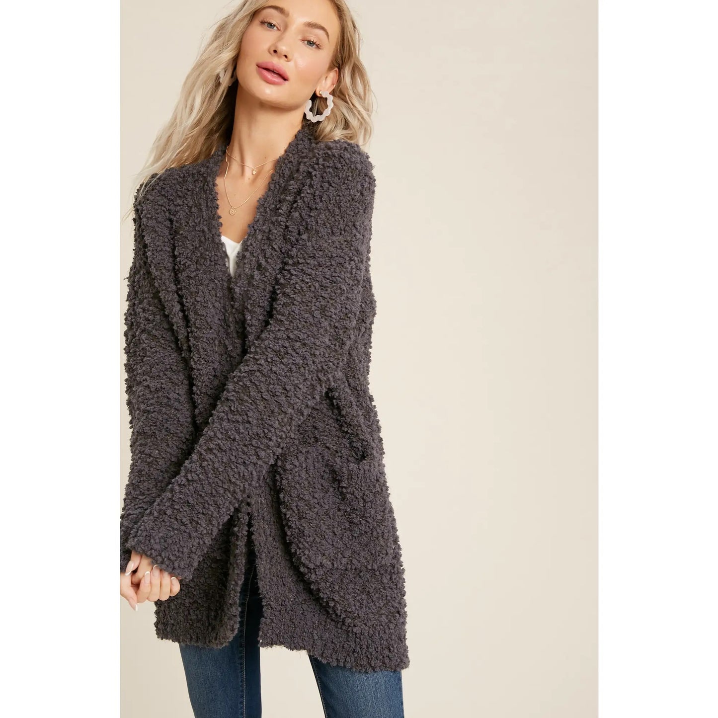 Fluffy Boucle Charcoal Cardigan