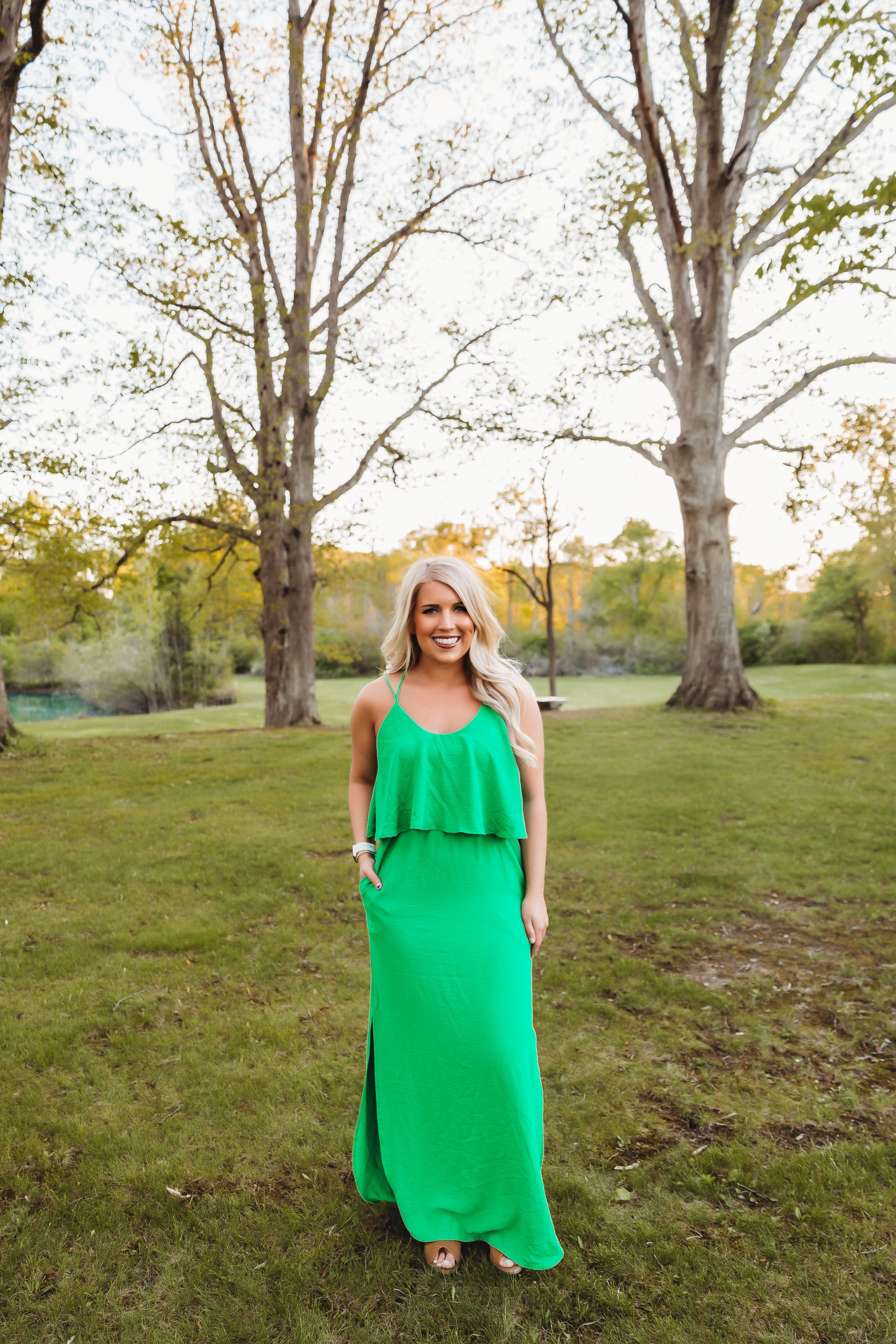 Strappy Back Flounce Maxi Dress: Kelly Green Laverne + Frankie Strappy Back Flounce Maxi Dress: Kelly Green Laverne + Frankie