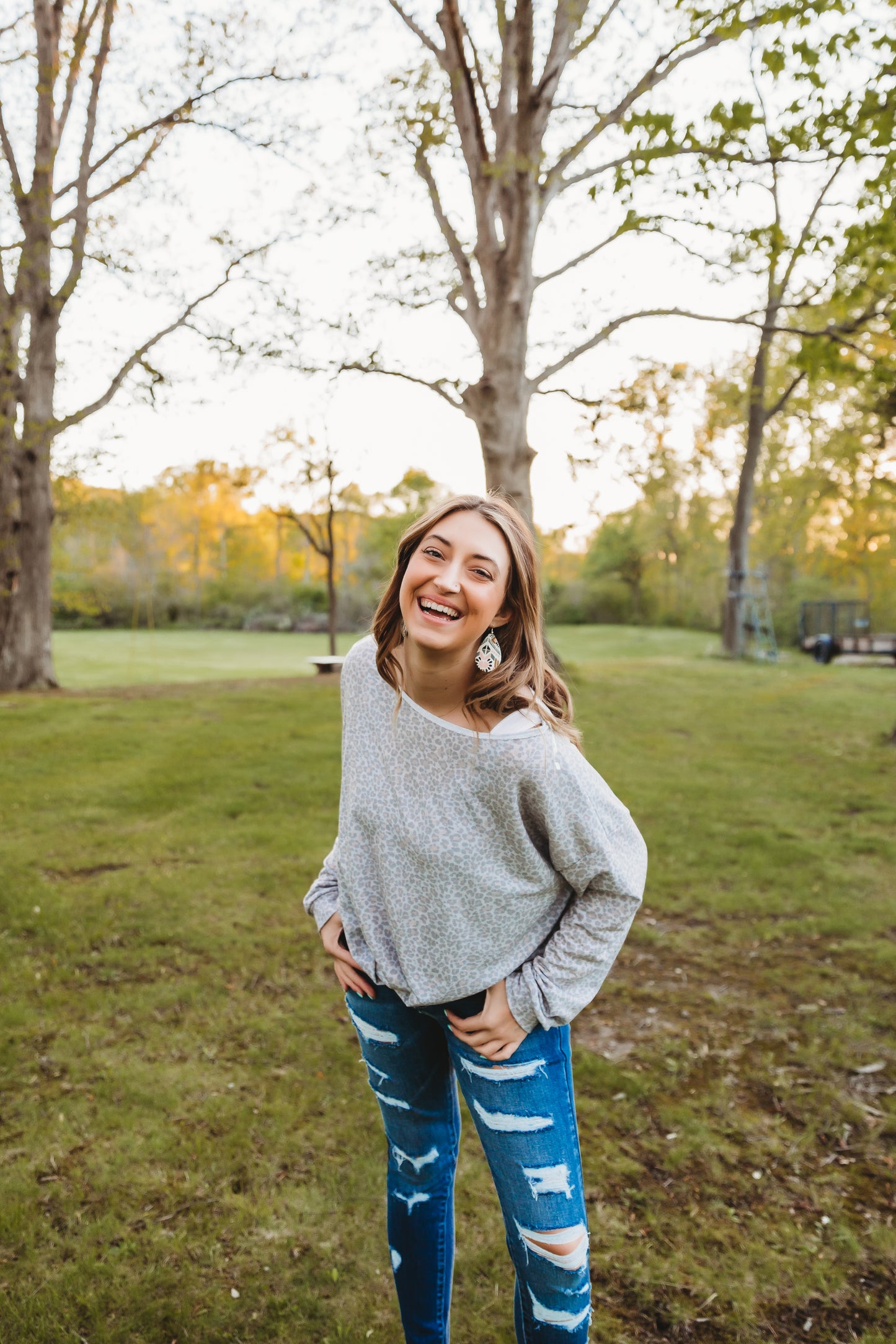 Boat Neck Gray Leopard Long Sleeve