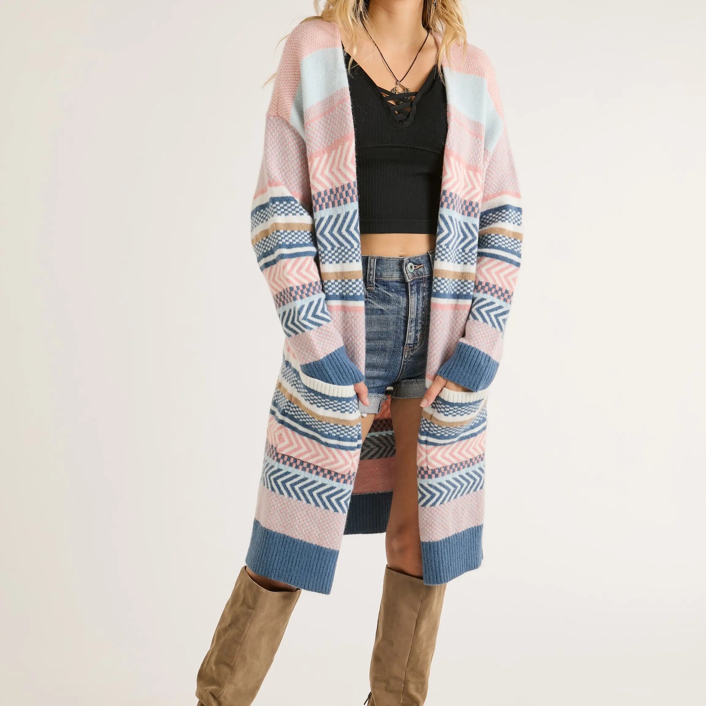Striped Knee Length Cardigan
